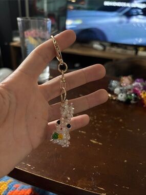 Susan Alexandra Clear Beaded Bunny Keychain with Gold Hardware and Green Accent